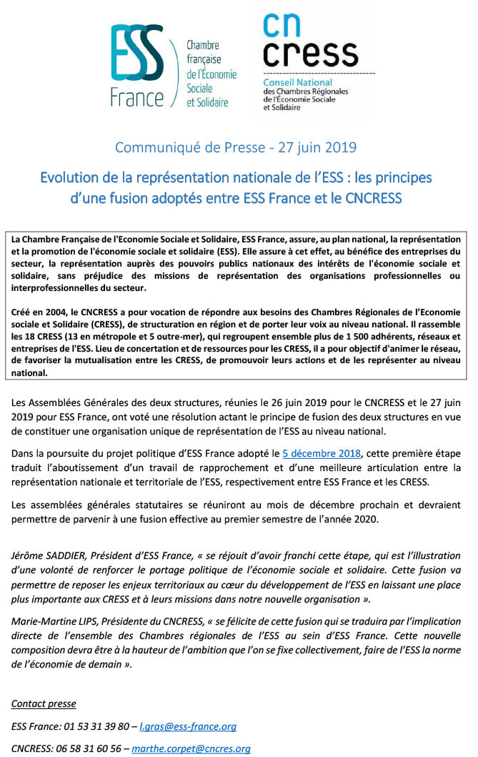 Evolution de la représentation nationale de l’ESS : les principes d’une fusion adoptés entre ESS France et le CNCRESS